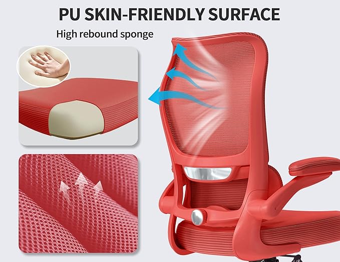 TRALT Ergonomic Office Chair- Desk Chair with Adjustable Lumbar Support | Big and Tall Back Ergonomic Desk Chair - Home Office Mesh Chairs and PU Leather Seat for Home Reading to Adults(Red)