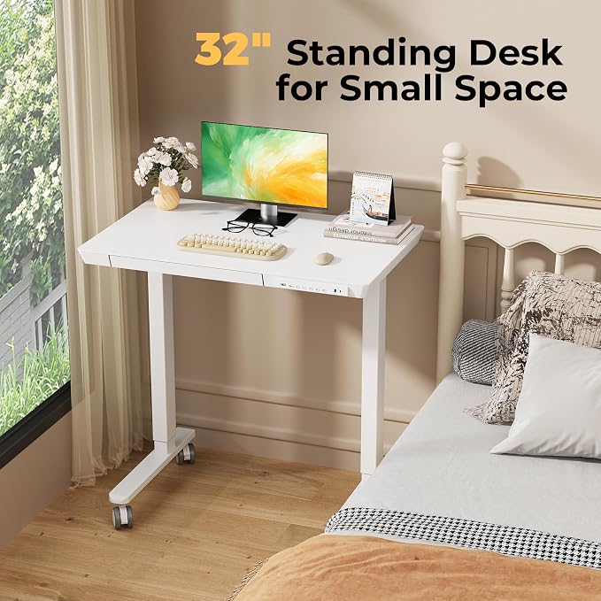 32" Electric Standing Desk with Drawer, Rolling Laptop Desk | Height Adjustable Quick Install One-Piece Tabletop with USB Charging Ports, Sit Stand Computer Desk for Small Space, White