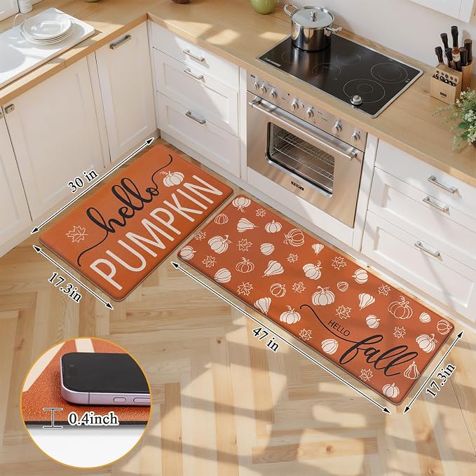 SHACOS Anti Fatigue Fall Kitchen Rugs Set of 2 Orange Mats Beige Pumpkins | Waterproof Non Slip Cushioned Kitchen Floor Mats Harvest Autumn Farmhouse Comfort Standing Mat 17x27.5+17x47"