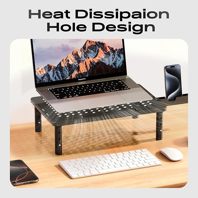 Computer Monitor Stand Riser for Desk, 3 Height Adjustable PC Laptop TV Desktop Monitor Stand Shelf, Metal Printer Table with Phone Holder, Stand Riser for Desk, Office Desk Organizers and Accessories, 1 Pack