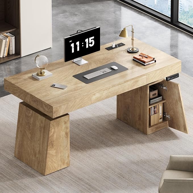 UPOSOJA 55 in Executive Standing Desk, Modern Electric Height Adjustable Desk with Drawer, Storage Cabinet, Shelves, Power Outlet, Wood Sit Stand up Computer Desks for Home Office, Natural Oak