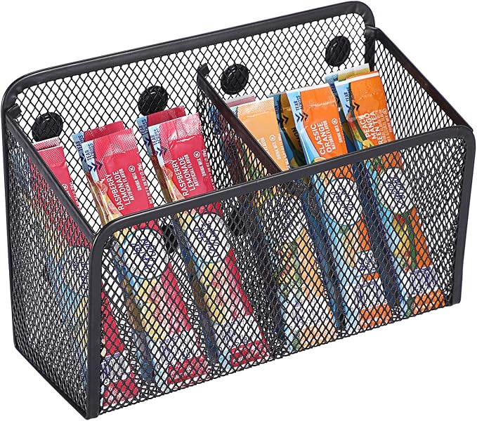 ELLDOO Magnetic Water Drink Packet Holder, 2 Compartments Magnetic Metal Mesh Tea Bag Organizer Sugar Packet Basket, Kitchen Organizers and Storage for Refrigerator and Countertop