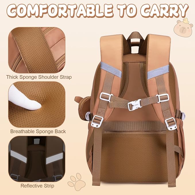 Capybara Backpack for Girls with Headphones - 4PCS Girls Backpack for Kindergarten Elementary Middle High School Travel - 3.5mm Wired Headphones Backpacks Back to School Gift(Brown)