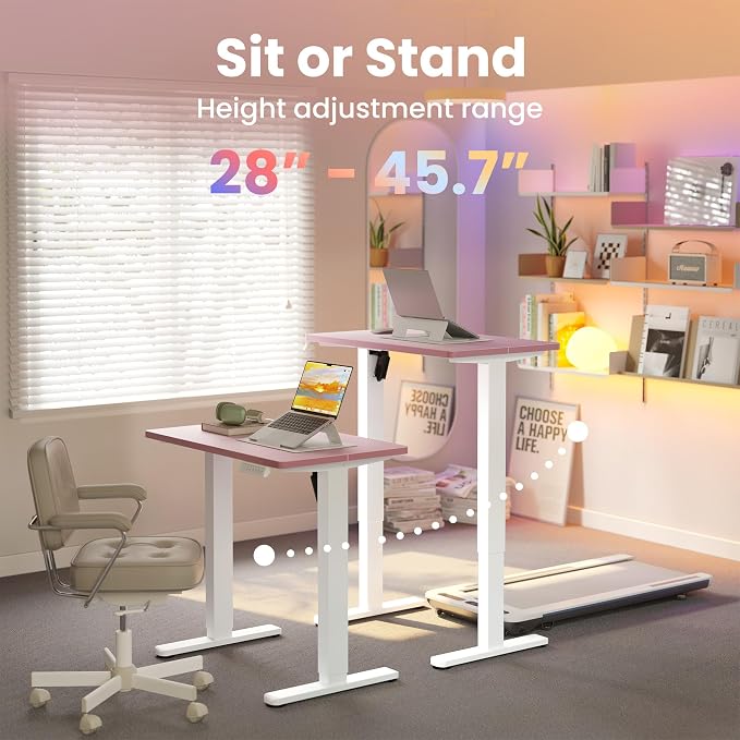 HUANUO 32" Small Electric Standing Desk Adjustable Height, 4 Memory Height Settings, Sit Stand Up Desk for Home Office & Computer Workstation, Pink