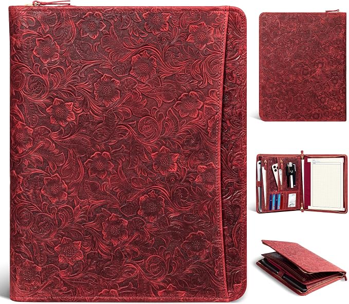 Gexmil Leather Portfolio Organizer for Women Men, Business Padfolio Folder with Zipper, Full Grain Leather,Interview Legal Document File Resume Organizer, A4 Writing Notepad Padfolio, Floral Red