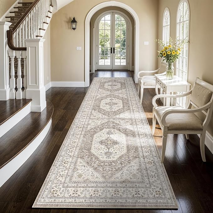 3x10 Washable Hallway Runner Rug:Oriental Indoor Kitchen Rugs Vintage Door Mat Non Slip with Rubber Backing Low Pile Thin Carpet for Bedroom Bathroom Living Room Bedside (3x10 Brown/Beige)