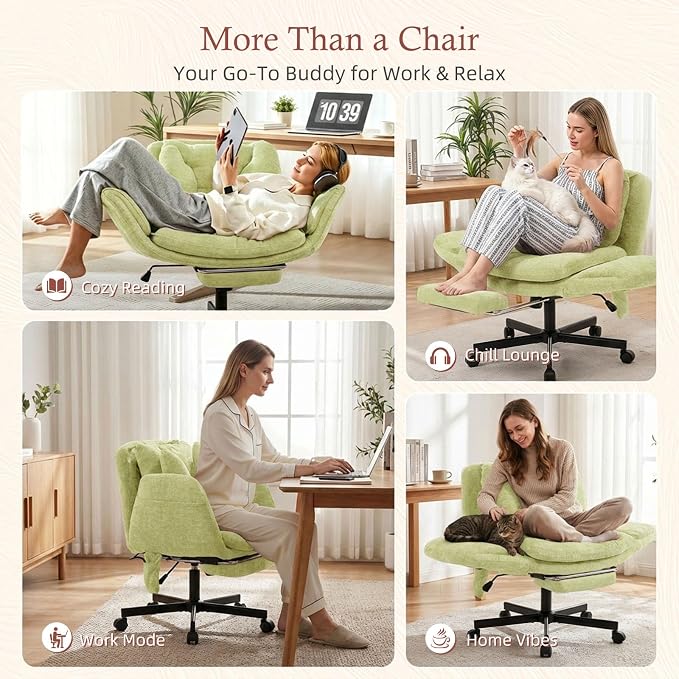 Criss Cross Office Chair with Footrest and 5-Gear Adjustable Arms, Green | Wide seat cross-legged desk chair, flip lumbar pillow, airbag support, linen fabric, for home office, vanity and meditation