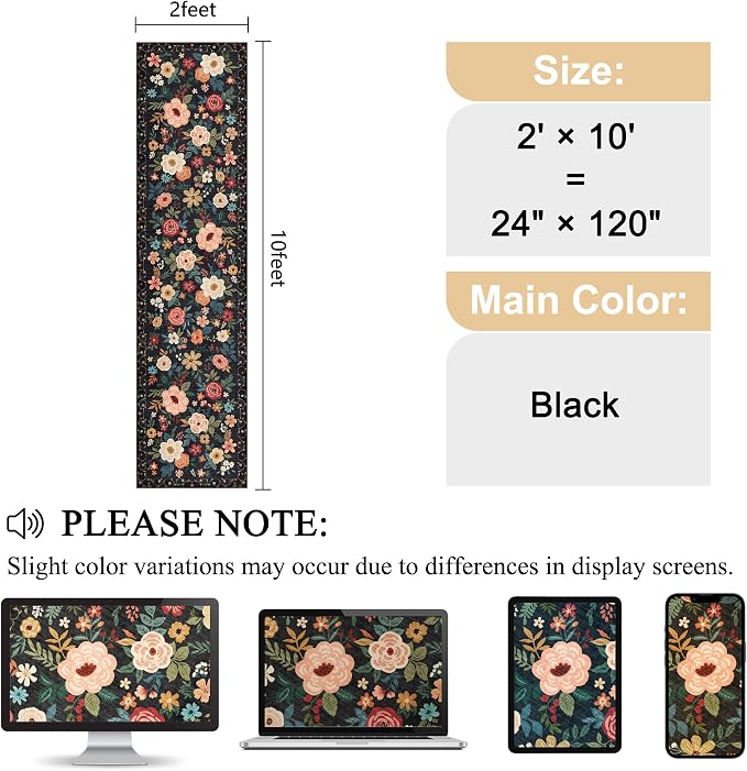 DUKINO Runner Rug, 2x10 Kitchen Runner Rug for Hallway with Non Slip Backing, Washable Low Pile Soft Boho Floral Carpet for Kitchen, Entryway, Hallway, Laundry, Bedroom, Black
