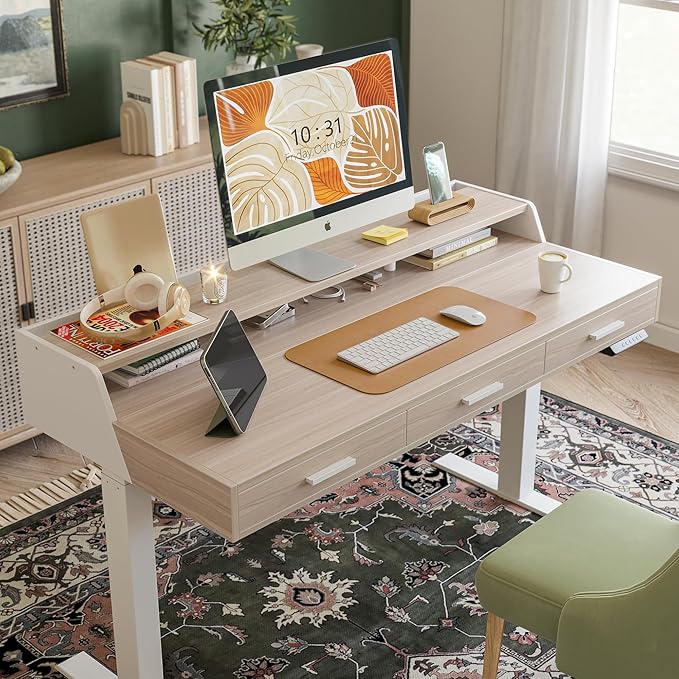 FEZIBO Electric Standing Desk 55x26 Inches with 3 Wood Drawers and Monitor Shelf, Height Adjustable Computer Desk, Ergonomic Rising Home Office Desks, Sit Stand Up Workstation Table, Light Walnut