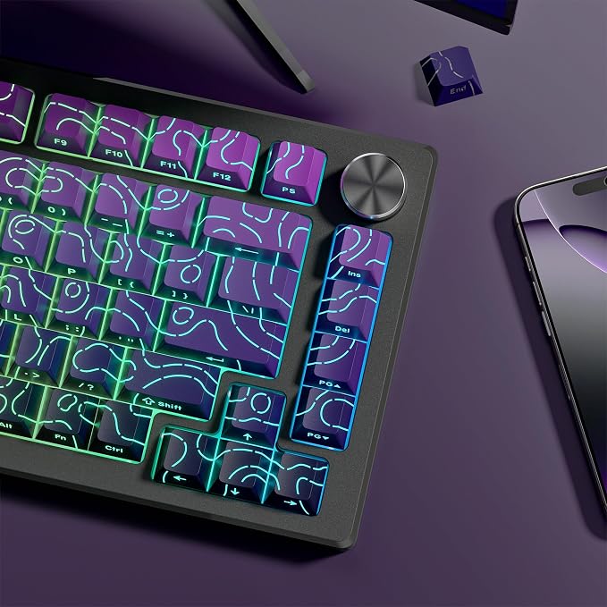 dagaladoo Topographic keycaps Line Backlit Gradient Purple keycaps Shine Through Keyboard Keys Side Printed Key caps Cherry Profile keycap Set for 61/64/66/68/71/75/84/87/100 Mechanical Keyboards