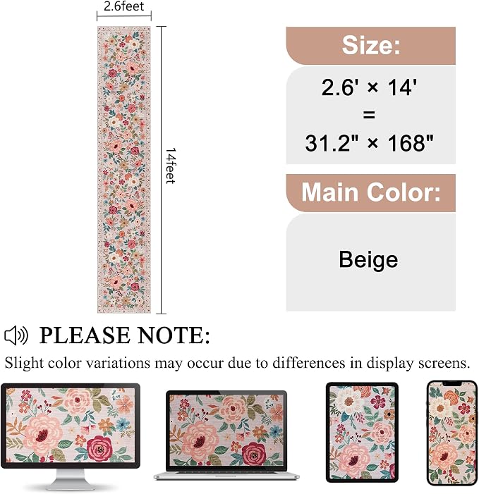 DUKINO 2.6x14 Kitchen Runner Rug, Lightweight Floral Washable Rug for Hallway, Boho Low Pile & Non Slip Backing Soft Floor Carpet for Entryway, Bedroom, Bathroom, Laundry, Beige