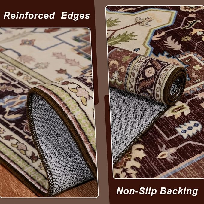 Macgace 5x7 Mousse Brown Area Rug for Living Room, Machine Washable Rugs with Non-Slip Backing for Bedroom, Vintage Medallion Carpet Dining Room Office Kids Room Decor