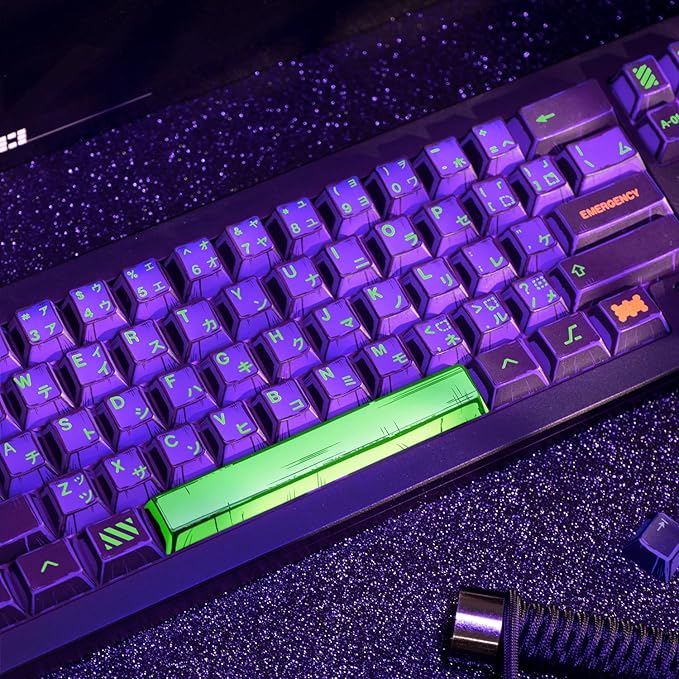 Manga Themed Japanese Keycaps, Retro PBT Keyboard Key Caps Dye Sublimation KeyCap with Cherry Profile, 130 Keys Purple Custom Keycap Sets for Cherry MX Mechanical Keyboard
