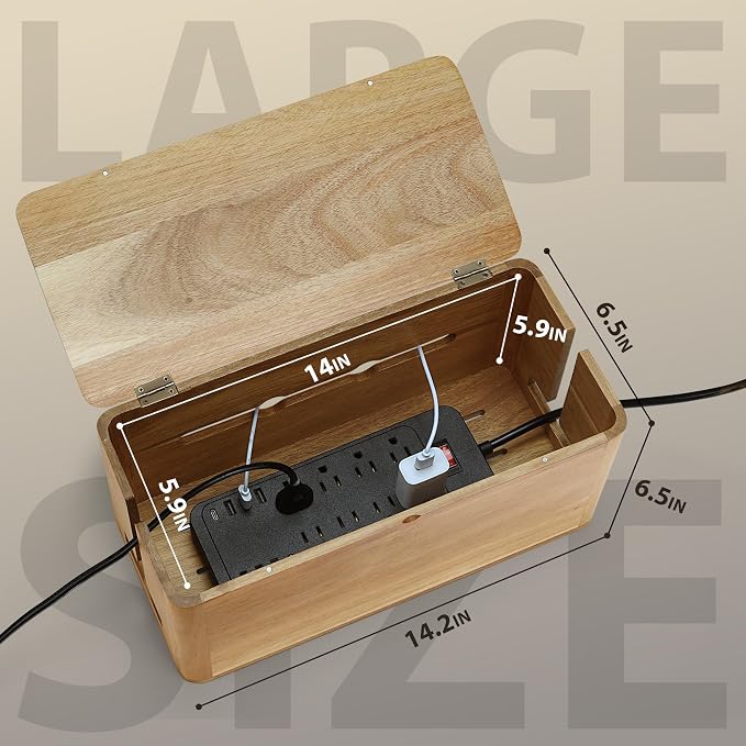 Large Acacia Wood Cable Management Box, Magnetic Lid, Cable Organizer | Ventilated Design, Cord Organizer Power Strip Box with Outlet Covers, Cord Hider for Desk and Floor Cable Storage