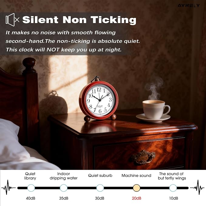 AYRELY® 5.3" Vintage Metal Analog Alarm Clock, Retro Desk and Table Clock | Antique Battery Operated Clock with Light, Elegant Bedside Gift for Bedrooms, Living Rooms, Shellf and Home Decor (Red-White)