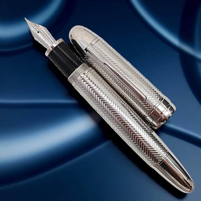 Luxury Fountain Pen, Fine Nib (F) Gold Trim Classic Executive Writing Pen,18K Gold Plated Nib, Professional Business Gift with Ink Refill Converter (Wavy Full Silver)