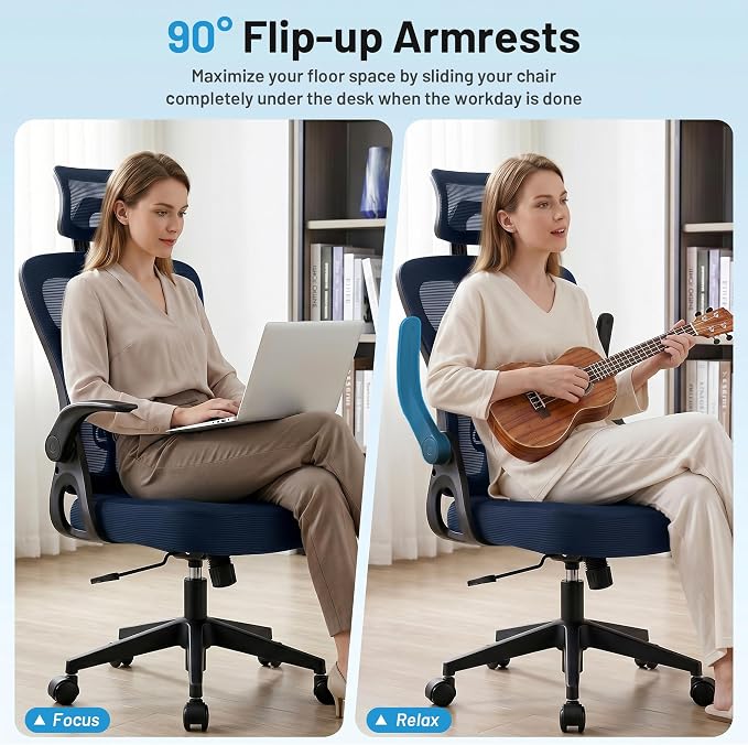 Office Chair Ergonomic Desk Chair with Adjustable Headrest Lumbar Support, High Back Breathable Mesh Chair with 120° Tilt & Flip-Up Armrests, Swivel Comfy Task Computer Chair for Work, Study