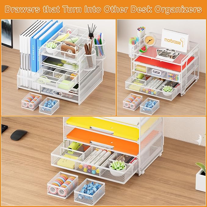 Marbrasse 3 Packs White Desk Drawer Organizers,Drawer Organizer Tray with 9 Adjustable Compartments,Junk Drawer for Makeup & Vanity, Office Desk Supplies and Accessories（White）