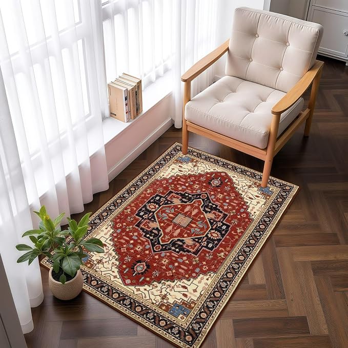 Macgace 2x3 Orange Red Small Area Rug for Entryway, Soft Washable Rugs with Non-Slip Backing for Bedroom Kitchen, Vintage Throw Carpet Laundry Entry Front Door Decor