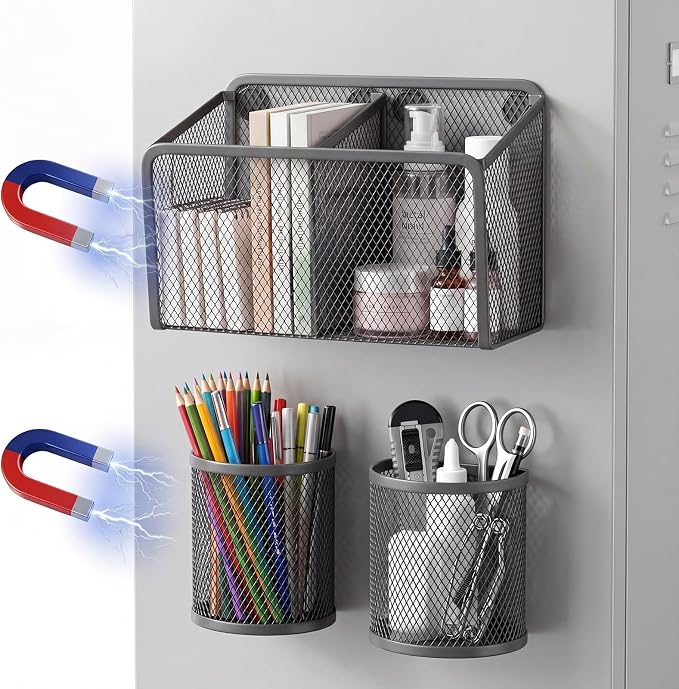 Marspark 3 Pcs Magnetic Pen Holder Set Metal Pencil Holder with Strong Magnets Wire Mesh Storage Basket Organizer for Locker Accessories Whiteboard Refrigerator School Office Dorm(Grey)