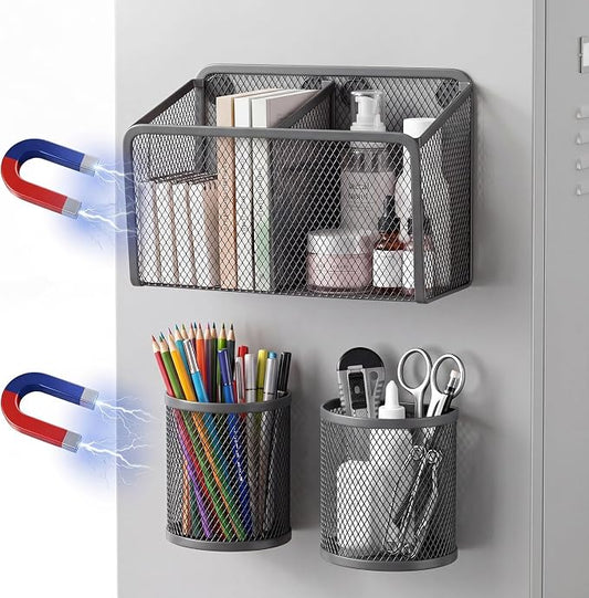 Marspark 3 Pcs Magnetic Pen Holder Set Metal Pencil Holder with Strong Magnets Wire Mesh Storage Basket Organizer for Locker Accessories Whiteboard Refrigerator School Office Dorm(Grey)