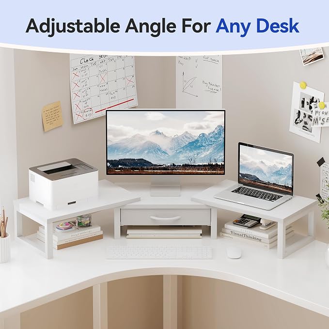 Dual Monitor Stand Riser, Desk Organizers and Accessories with Drawer, Computer Monitor Stands for Desk, Adjustable Desktop Shelf for PC Laptop Printer TV, White