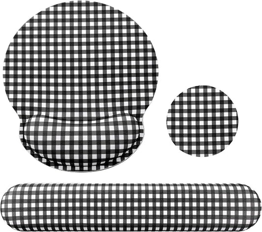 Tellegloww Wrist Rest Support for Mouse Pad&Keyboard Set, Black and White Gingham Checkered Circle Curved Ergonomic Mousepad&Coaster Non-Slip Base for Office Home Laptop Desktop Computer Keyboard