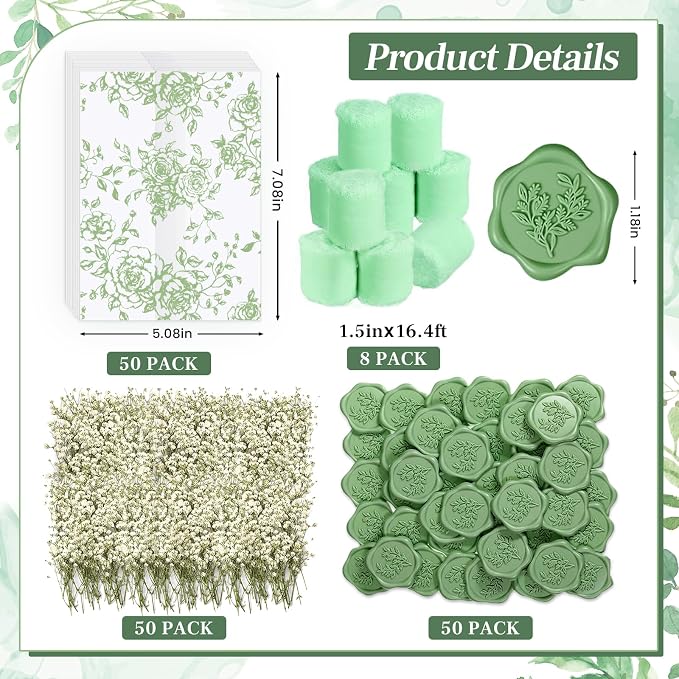 Wedding Invitation Accessories Kit, Pre-Folded Vellum Jackets for 5×7 Invitations with Wax Seal Stickers, Ribbon & Dried Flowers, Elegant Wedding Invitation Accessories for DIY Bridal Invites (Green-Rose, 50)