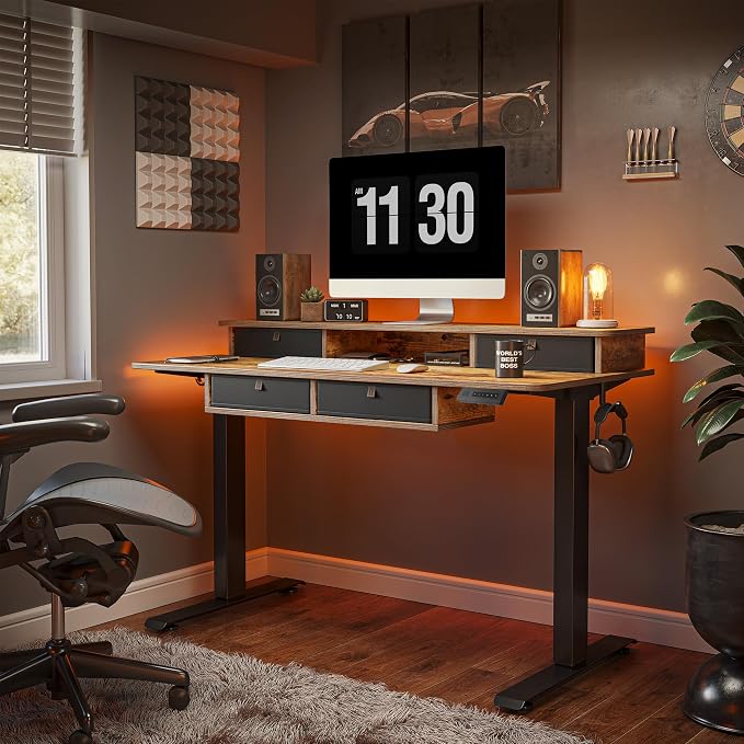 FEZIBO 55'' x 30'' Electric Standing Desk with 4 Storage Drawers, Adjustable Height Computer Table with Monitor Shelf, Stand Up Desk for Study, Gaming, Workstation, Rustic Brown Top