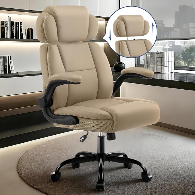 AreShark Ergonomic Office Chair with Lumbar Support, 400lbs Heavy Duty Big and Tall Executive Desk Chair, PU Leather High Back Computer Chair with Flip-Up Arms & Adjustable Headrest, Khaki