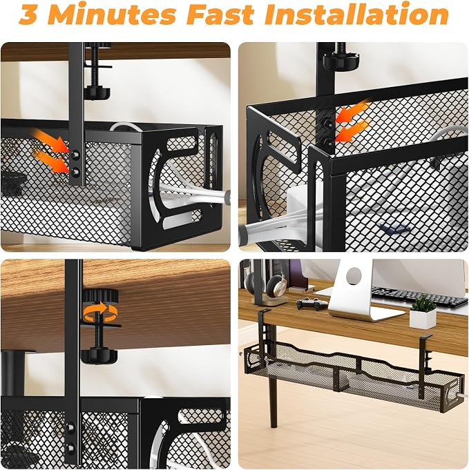 Under Desk Cable Management Tray, No Drill Steel Desk Cable Organizers, Wire Management Tray Cable Management Rack (24.4" Length-Black)
