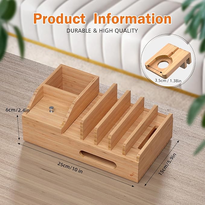 Bamboo Charging Station for Multiple Devices with USB Charger, 5 Cables | Pezin & Hulin Wood Desktop Dock Stations with Smart Watch Holder, Electronic Organizer for Cell Phone, Tablet, Watch