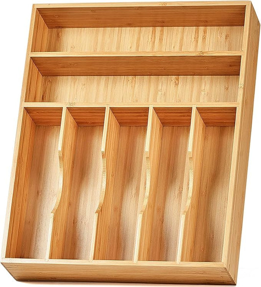 Kitchen Drawer Organizer, 12.5 Inch Silverware Utensil Tray Holder, Extra Deep, with Non-Slip Feet & Grooved Drawer Divider, 7 Slots Total Bamboo Wood Caddy for Flatware Cutlery Knives