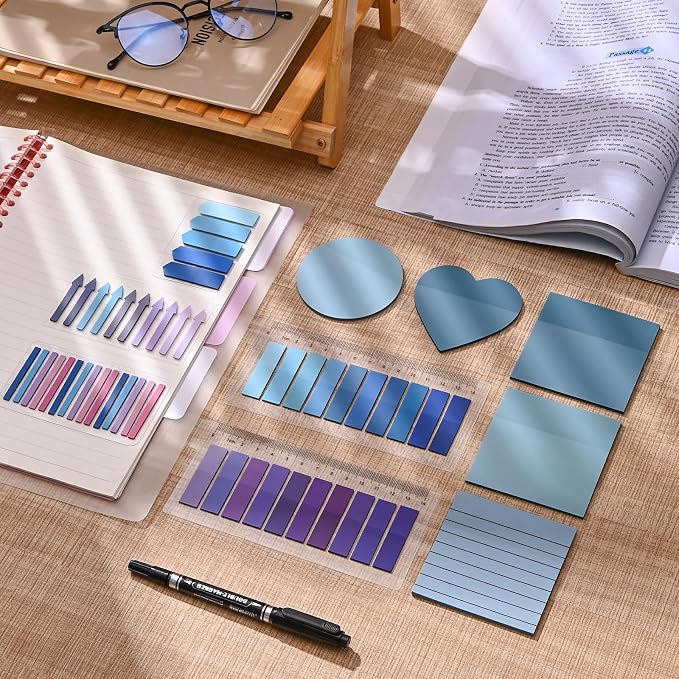 1450 Sheets Transparent Sticky Notes, 3 x 3 inch Aesthetic Clear Lined Sticky Notes with Pen, Gradient Color Waterproof Self-Adhesive Annotation Tabs for Bible Journaling (Blue & Purple)