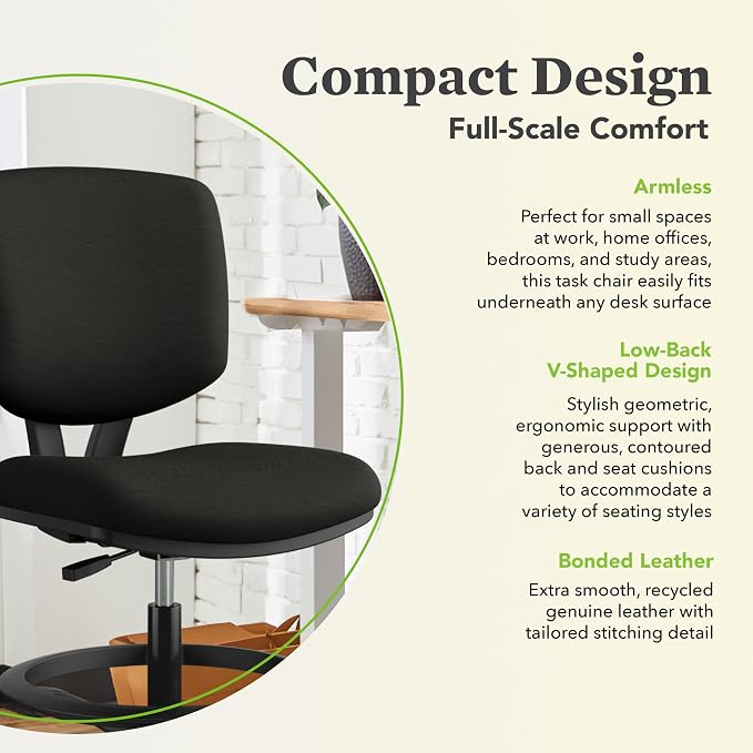 HON Volt Standing Desk Chair with Bonded Leather Seat and Back, Armless Ergonomic Task Stool with Adjustable Footring and Center‑Tilt Recline for Sit‑Stand Workstations, Black