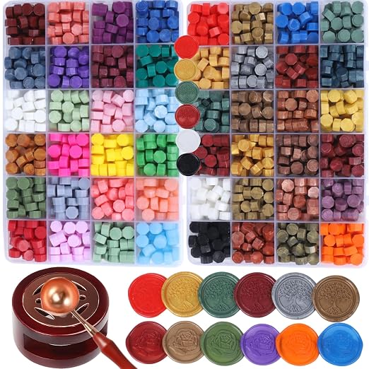 Wax Seal Stamp Kit, ONWINPOR 1248 Pcs Sealing Wax Beads in 48 Colors with Melting Warmer, Spoon, Tea Candles, Tree Sealing Stamp Set for Wedding Invitation, Letter Sealings and DIY Craft