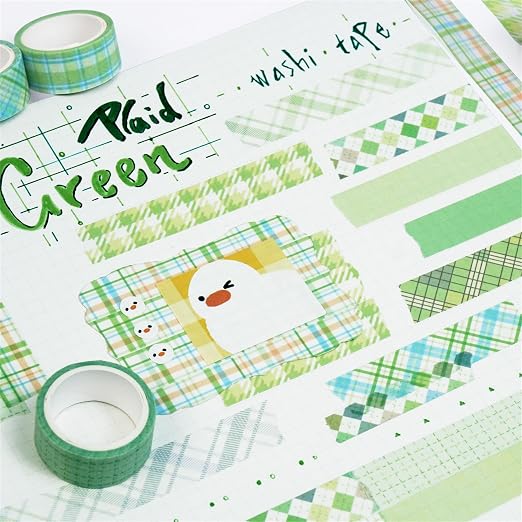 Basic Grid Washi Tape Set 12 Rolls Plaid Decorative Masking Tapes for Arts, DIY Crafts, Journals, Planners, Scrapbook, Wrapping (Green)