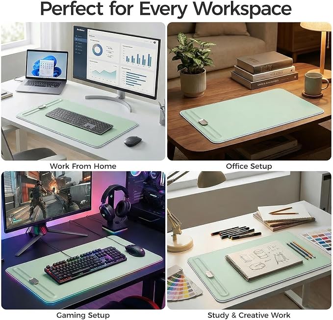 Premium Double-Sided Faux Leather Desk Pad – Non-Slip, Waterproof, with Magnetic Cable Organizer & File Storage – Designed for Offices & Creative Spaces – Durable & Easy to Clean（Green）