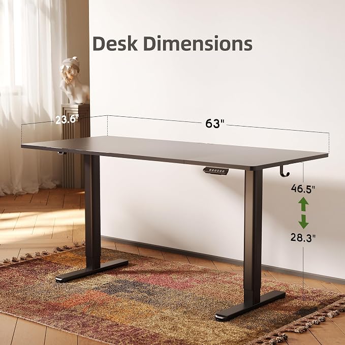 INNOVAR Electric Standing Desk, Adjustable Height Stand up Desks, 63 x 24 Inches Sit Stand up Desk for Home Office Computing, 3-Preset Memory Height Ergonomic Rising Desks, Black