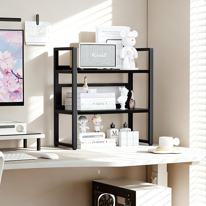 Brakki Desk Shelf Organizer, 2-Tier Desktop Bookshelf, Small Office Shelf | Adjustable Shelf, Metal Desktop Rack for Dorm, with Foot Mat, Multi-Functional Organization, Black