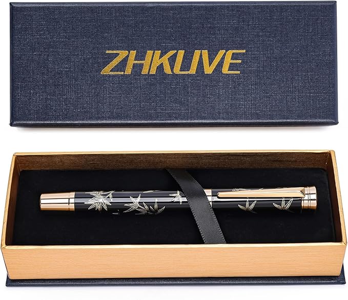 ZHKUVE Luxury Rollerball Pen,Stunning Black Lacquer with bamboo leaf patterns,Switzerland Tip with Black Ink Refills, Elegant Gift Set For Men & Women, Executive Writing, Nice Fancy