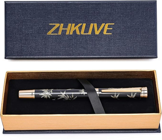 ZHKUVE Luxury Rollerball Pen,Stunning Black Lacquer with bamboo leaf patterns,Switzerland Tip with Black Ink Refills, Elegant Gift Set For Men & Women, Executive Writing, Nice Fancy