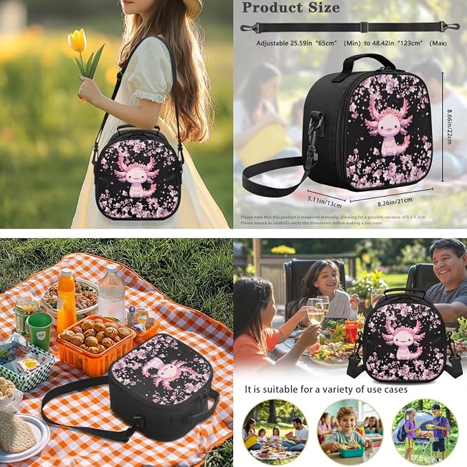 Ystardream Funny Axolotl Backpack and Lunch Box Set for Girls School Bag Lightweight Middle Primary School Bookbag Trendy Cherry Blossom Backpack with Lunch Box Pencil Case Water Bottle Sleeve,4 Pcs