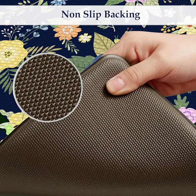 KIMODE Anti Fatigue Kitchen Mats for Floor,Farmhouse Rugs for Kitchen Floor | Cushioned Kitchen Floor Mat Non Slip, Comfort Standing Mat for Laundry Office Bath Sink Desk Dormitory Blue 17"x47"+17"x29"