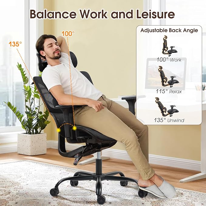 ECOTOUGE Black Ergonomic Mesh High Back Office Chair | Lumbar Support, Adjustable Headrest, 3D Armrests, Reclining, Breathable Mesh, Sturdy Base, 360° Swivel, for Office, Gaming