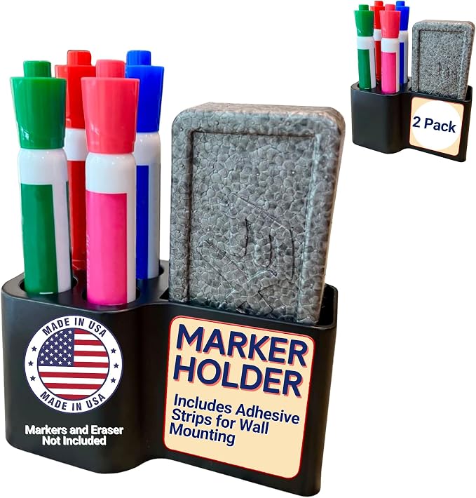 Whiteboard Marker Holder Magnetic - Dry Erase Marker Organizer with Adhesive Mount - Office Supplies Organizer for Classroom, School, Fridge - Made in USA, Black 2 Pack