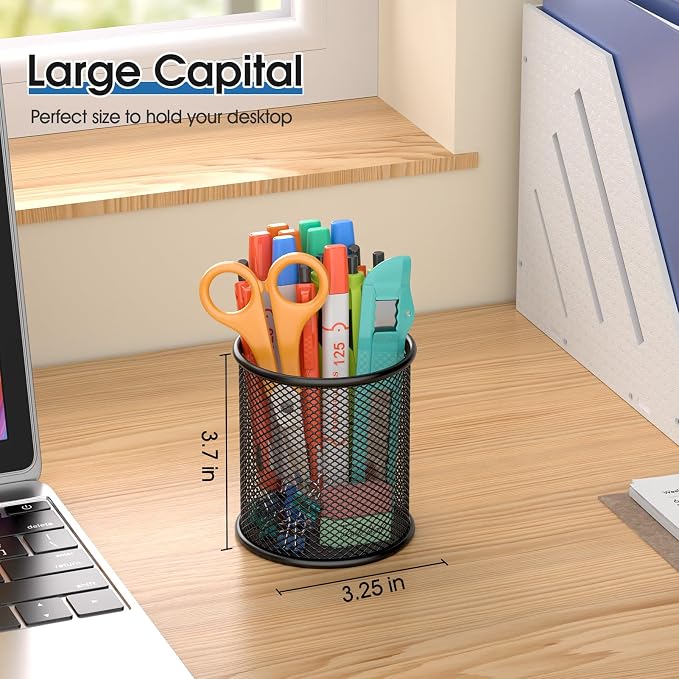 MaxGear Pen Holder for Desk 3 Pack,Mesh Metal, Non-Slip EVA Pad, 3.7’’ Tall | Black, ABS-coated, Steel Wire, Desk Accessories & Workspace Organizers, For Home School Office