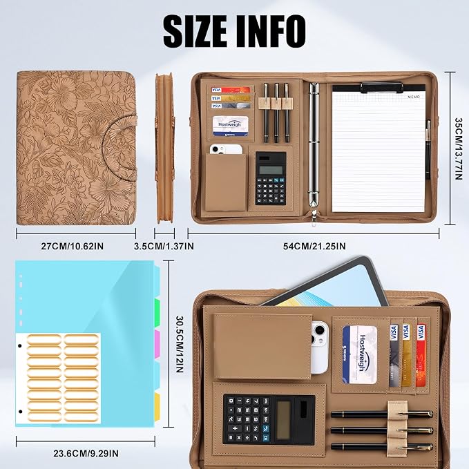 Portfolio Binder - 3 Ring Binder with Magnetic Handle, Vegan Leather Business Padfolio Folder with Notepad, Includes 5 Dividers with 10 Pockets for Documents Files