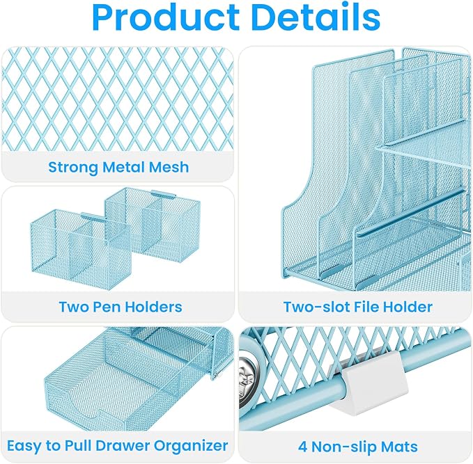 Lavatino Desk Organizer – 4-in-1 Blue Mesh Office Supplies Organizer with Pen Holder, File Holder, Desktop Tray, and Drawer for Home, Office, Classroom