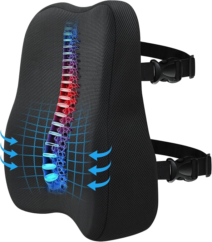 Vekkia Lumbar Support Pillow for Office Chair - Back Support for Car | Lumbar Cushion with Adjustable Straps & Mesh Cover/Lower Back Pain Relief for Office Workers, Drivers, Gamers & Travelers